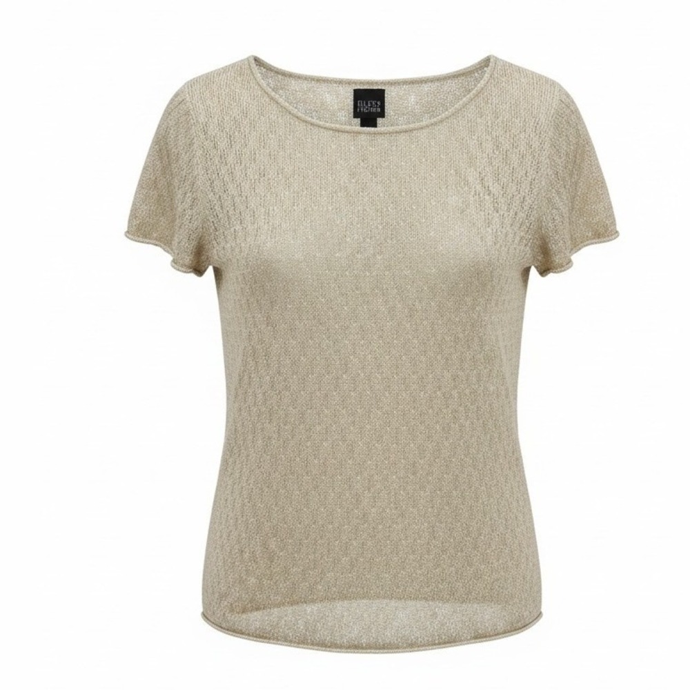 Eileen Fisher Womens Gold Cream Marled Knit Boat Neck Short Sleeve Top Linen